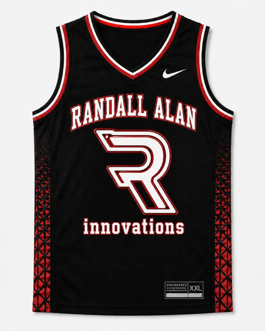 Black Randall Alan basketball jersey with red and white trim