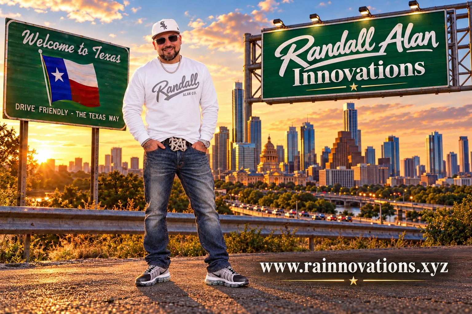 Randall Alan in Austin beside the Randall Alan Innovations billboard