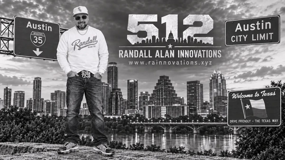 Randall Alan standing above Lady Bird Lake with the Austin skyline behind him